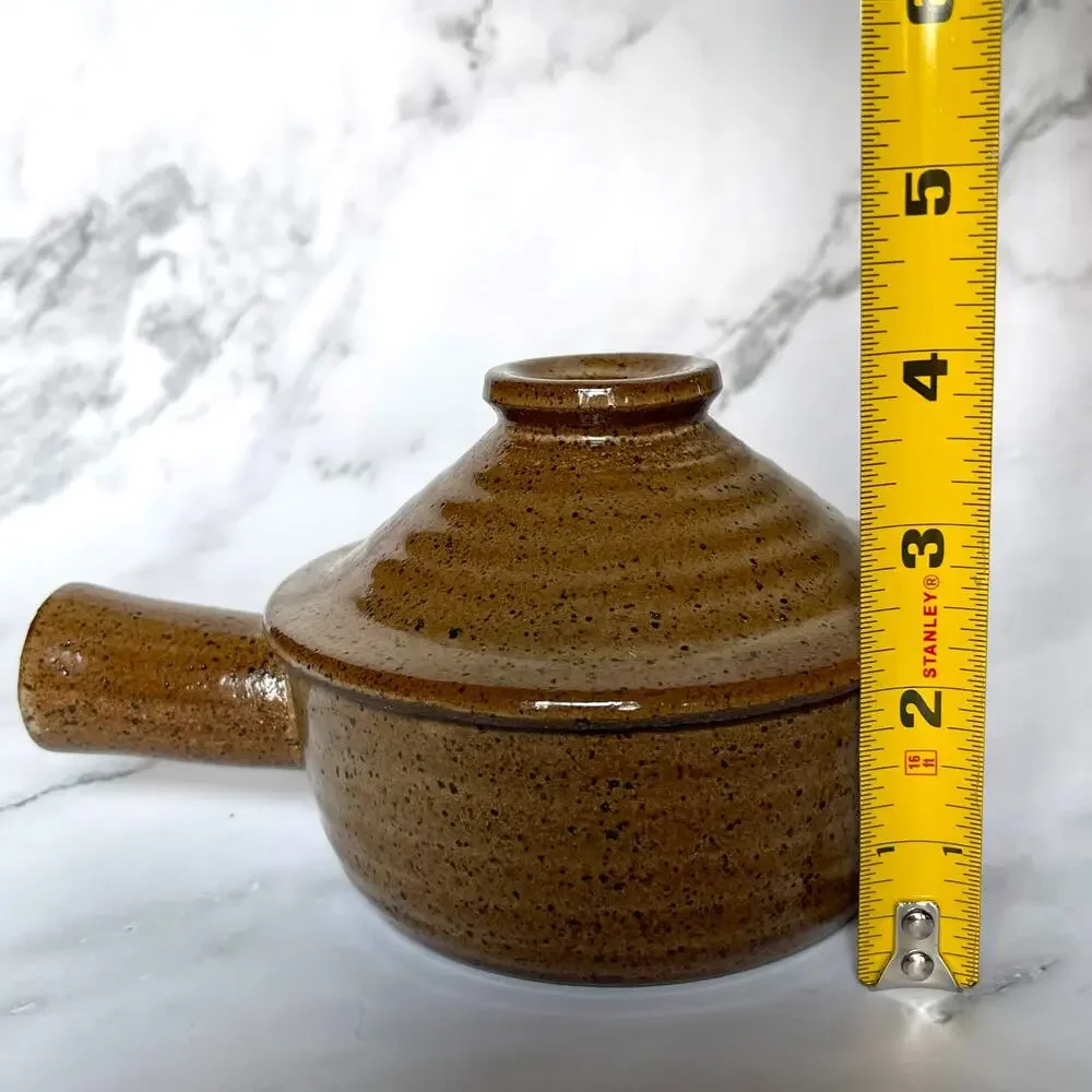 Vintage Stoneware Individual Casserole Soup Crock w Lid Brown Speckled 6.25